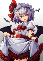 Rule 34 | .sin, 1girl, animal, bat (animal), bat wings, blue hair, brooch, cowboy shot, dress, frills, hat, hat ribbon, highres, jewelry, looking at viewer, medium hair, mob cap, open mouth, petticoat, pointy ears, puffy short sleeves, puffy sleeves, purple hair, red eyes, red neckwear, red ribbon, remilia scarlet, ribbon, sash, short sleeves, skirt hold, smile, solo, touhou, white background, white dress, white hat, wings, wrist cuffs
