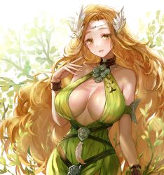 Rule 34 | 1girl, absurdres, ahoge, apt, arm strap, breasts, breasts apart, brown hair, circlet, cowboy shot, dress, feathers, final fantasy, final fantasy xiv, green dress, green eyes, hair ornament, highres, large breasts, leaf hair ornament, light smile, long hair, looking at viewer, nophica, parted bangs, parted lips, plant, shiny skin, solo, strapless, strapless dress, turtleneck, turtleneck dress, very long hair, wavy hair, wristband