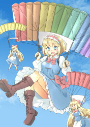 Rule 34 | 1girl, alice margatroid, arnest, blonde hair, blue dress, blue eyes, boots, bow, bowtie, brown footwear, commission, cross-laced footwear, dress, hairband, highres, juliet sleeves, lace-up boots, lolita hairband, long sleeves, parachute, puffy sleeves, red bow, red bowtie, red hairband, shanghai doll, shirt, short hair, skeb commission, sky, solo, touhou, white shirt