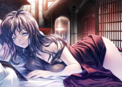 Rule 34 | 1girl, arch, ass, bed sheet, blue eyes, breast press, breasts, brown hair, cleavage, door, dress, indoors, long hair, lying, messy hair, on stomach, original, pillar, pillow, rezi, solo, stone wall, strap slip, wall, window