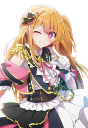 Rule 34 | 1girl, ;), blonde hair, blush, closed mouth, commentary request, cropped jacket, epaulettes, gloves, hair between eyes, hoshino ruby, idolmaster, idolmaster shiny colors, jacket, long hair, looking at viewer, off shoulder, official alternate costume, one eye closed, one side up, open clothes, open jacket, oshi no ko, pink jacket, pleated skirt, purple eyes, shirt, simple background, skirt, sleeveless, sleeveless shirt, smile, solo, symbol-shaped pupils, tsuezu, very long hair, white background, white gloves, white shirt, white skirt