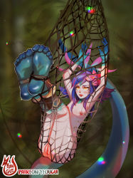 Rule 34 | 1girl, absurdres, artist name, bdsm, blush, bondage, bound, breasts, clitoris, colored skin, feet, flower, hair flower, hair ornament, highres, league of legends, lipstick, lizard tail, makeup, mascara, multicolored hair, multicolored skin, neeko (league of legends), net, nipples, nude, patreon username, pussy, reptile girl, short hair, slit pupils, soles, solo, suspension, tail, toes, trapped, uncensored, yellow eyes, yeougui