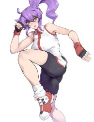 Rule 34 | 1girl, ass, bike shorts, black gloves, borrowed character, clenched hand, cropped legs, depo (typebaby505), fighting stance, fingerless gloves, gloves, green eyes, highres, looking at viewer, open hand, open mouth, original, ponytail, purple hair, solo, standing, standing on one leg, toned, umizakura tachimi, v-shaped eyebrows