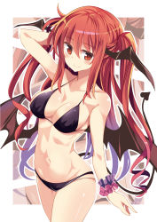 Rule 34 | 1girl, absurdres, arm up, bikini, black bikini, blush, breasts, cleavage, closed mouth, cowboy shot, demon tail, head wings, heart, heart-shaped pupils, highres, koakuma, long hair, looking at viewer, maturiuta sorato, medium breasts, navel, red eyes, red hair, shiny skin, smile, solo, standing, swimsuit, symbol-shaped pupils, tail, touhou, twintails, wings, wrist cuffs