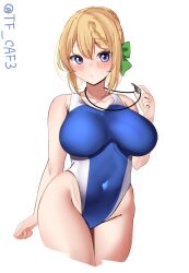Rule 34 | 1girl, absurdres, alternate costume, bare shoulders, blonde hair, blue one-piece swimsuit, blush, breasts, commentary request, cowboy shot, cropped legs, hair between eyes, highleg, highleg swimsuit, highres, holding, holding whistle, kantai collection, large breasts, looking at viewer, one-piece swimsuit, parted lips, perth (kancolle), purple eyes, short hair, simple background, solo, swimsuit, tf cafe, twitter username, whistle, whistle around neck, white background