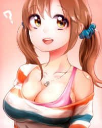 Rule 34 | 10s, 1girl, :d, ?, blush, breasts, brown eyes, brown hair, cleavage, idolmaster, idolmaster cinderella girls, large breasts, looking at viewer, off shoulder, open mouth, shirt, simple background, smile, solo, striped clothes, striped shirt, totoki airi, twintails, yuura