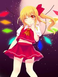 Rule 34 | 1girl, ;), ascot, blonde hair, blush, cowboy shot, crystal, finger to own chin, flandre scarlet, hat, hat ribbon, looking at viewer, no headwear, no headwear, one-hour drawing challenge, one eye closed, puffy short sleeves, puffy sleeves, red eyes, red skirt, ribbon, rimu (kingyo origin), short sleeves, side ponytail, skirt, skirt set, smile, solo, touhou, wings