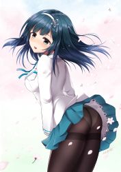 Rule 34 | 1girl, absurdres, aqua skirt, ass, black hair, blue ribbon, blush, breast pocket, breasts, cherry blossoms, clothes lift, collared shirt, commentary request, floating hair, grey eyes, hairband, highres, long sleeves, looking at viewer, looking back, medium breasts, medium hair, neck ribbon, omoomomo, open mouth, original, panties, panties under pantyhose, pantyhose, plaid, plaid skirt, pocket, ribbon, shirt, skirt, skirt lift, solo, sweatdrop, thighband pantyhose, underwear, white panties, white shirt