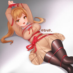 Rule 34 | 1girl, arms up, bang dream!, black pantyhose, blonde hair, blush, bound, bound legs, bound wrists, breasts, brown eyes, buttons, dopamine70, double-breasted, dress, feet out of frame, gradient background, hair intakes, highres, ichigaya arisa, knees together feet apart, large breasts, long hair, long sleeves, looking at viewer, lying, on back, open mouth, pantyhose, restrained, ribbon, ribbon bondage, school uniform, shade, shiny clothes, skirt, solo, taut clothes, twintails, twitter username, wide hips