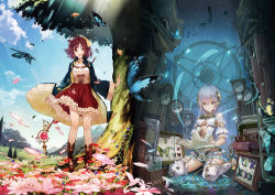 Rule 34 | 2girls, atelier (series), atelier sophie, book, breasts, brown hair, bug, butterfly, clock, female focus, field, flower, gears, grandfather clock, bug, jacket, kneeling, medium breasts, multiple girls, official art, petals, plachta, silver hair, small breasts, sophie neuenmuller, staff, symbol-shaped pupils, tree