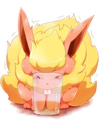 Rule 34 | azuma minatsu, blonde hair, blush, brown eyes, creatures (company), cup, flareon, game freak, gen 1 pokemon, glass, nintendo, pokemon, pokemon (creature), simple background, sitting, solo, stuck, tongue, tongue out, trembling, white background