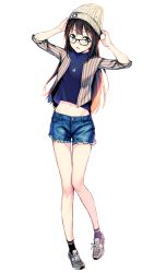Rule 34 | 10s, 1girl, adjusting clothes, adjusting headwear, bespectacled, brown hair, casual, deca purio, full body, glasses, green eyes, hat, idolmaster, idolmaster cinderella girls, jewelry, long hair, looking at viewer, navel, necklace, shibuya rin, shorts, simple background, solo