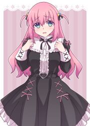 Rule 34 | 1girl, black dress, blue eyes, blush, bocchi the rock!, breasts, center frills, cube hair ornament, dress, e20, frilled dress, frills, gotoh hitori, hair between eyes, hair ornament, hands up, highres, juliet sleeves, long hair, long sleeves, looking at viewer, medium breasts, outside border, parted lips, pink hair, pleated dress, puffy sleeves, solo, striped, striped background, sweat, two side up, vertical stripes, wavy mouth