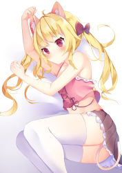 Rule 34 | 1girl, absurdres, animal ears, arms up, bad id, bad pixiv id, bare arms, bare shoulders, bed sheet, blonde hair, blush, bow, brown skirt, camisole, cat ears, cat girl, cat tail, closed mouth, feet out of frame, hair bow, highres, long hair, looking at viewer, lying, on side, original, pink camisole, pleated skirt, red bow, red eyes, skirt, solo, tail, thighhighs, tsuruse, twintails, very long hair, white thighhighs