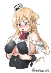 Rule 34 | 1girl, black shirt, blonde hair, braid, breasts, brown eyes, cleavage, cleavage cutout, clothing cutout, ebifurya, french braid, hat, highres, kantai collection, large breasts, long hair, mini hat, mouth hold, one-hour drawing challenge, shirt, side braid, simple background, solo, thick eyebrows, twitter username, upper body, wavy hair, white background, zara (kancolle), zara due (kancolle)
