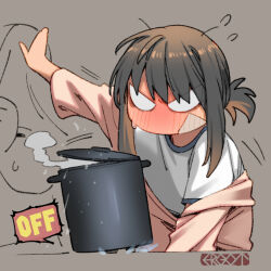 Rule 34 | 1girl, black hair, blush, brown hair, cardigan, commentary request, cooking pot, ergot, flying sweatdrops, fubuki (kancolle), grey background, hair between eyes, kantai collection, nose blush, pink cardigan, ponytail, shirt, short ponytail, sidelocks, signature, simple background, solo, sweat, upper body, water, white shirt