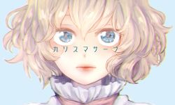 Rule 34 | 1girl, alice margatroid, bad id, bad twitter id, blonde hair, blue background, blue eyes, lips, looking at viewer, meiji (charisma serve), parted lips, pink lips, portrait, sample watermark, short hair, solo, touhou, translated, watermark
