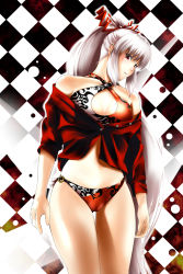 Rule 34 | 1girl, alternate costume, alternate hairstyle, argyle, argyle background, argyle clothes, bad id, bad pixiv id, bikini, bow, breasts, cameltoe, cleavage, cleavage cutout, clothing cutout, copycat (dryfood), copycat (homura), female focus, fujiwara no mokou, hair bow, highres, long hair, navel, ponytail, red eyes, silver hair, solo, swimsuit, touhou, very long hair