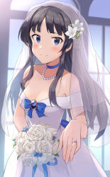 Rule 34 | 1girl, absurdres, black hair, blue bow, blue eyes, blunt bangs, blush, bouquet, bow, breasts, bridal veil, cleavage, closed mouth, commentary request, commission, dress, flower, highres, holding, holding bouquet, idolmaster, idolmaster million live!, indoors, jewelry, long hair, looking at viewer, medium breasts, mogami shizuka, necklace, pearl necklace, pixiv commission, ring, shuucream (syuichi), smile, solo, veil, wedding dress, wedding ring, white dress