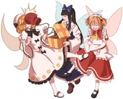 Rule 34 | 3girls, :d, ^ ^, black hair, blonde hair, blunt bangs, box, boxing gloves, closed eyes, dress, drill hair, fairy wings, frilled dress, frilled sleeves, frills, gift, gift box, hat, highres, in the face, laughing, long hair, luna child, mary janes, mefomefo, multiple girls, open mouth, prank, quad drills, shoes, short hair, smile, spring (object), star sapphire, sunny milk, touhou, twintails, wide sleeves, wings
