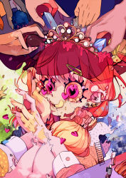 Rule 34 | 1girl, abstract, breasts, commentary request, crown, facing viewer, gem, giant, giantess, hair ornament, hair scrunchie, hairclip, hand on own face, heart, heart-shaped pupils, ladder, large breasts, long hair, melting, orange hair, original, parted lips, pink scrunchie, sakurai energy, scrunchie, solo focus, surreal, symbol-shaped pupils, wrist cuffs