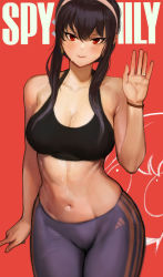 Rule 34 | 1girl, abs, absurdres, black hair, blush, breasts, cleavage, closed mouth, collarbone, copyright name, hair between eyes, hairband, hand up, highres, jewelry, large breasts, long hair, looking at viewer, medium breasts, midriff, mr tangsuyuk, navel, pants, red background, red eyes, resolution mismatch, ring, simple background, smile, solo, source smaller, sportswear, spy x family, sweat, waving, white hairband, yoga pants, yor briar