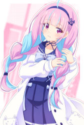Rule 34 | 1girl, ahoge, anchor hair ornament, anchor symbol, blue bow, blue hair, blue hairband, blue sailor collar, blue skirt, blush, bow, braid, breasts, collar, hair ornament, hair over shoulder, hairband, hands up, highres, hololive, jacket, long hair, long sleeves, medium breasts, minato aqua, minato aqua (sailor), multicolored hair, open clothes, open jacket, outline, parted lips, pink hair, pleated skirt, puffy long sleeves, puffy sleeves, purple eyes, sailor collar, shirt, skirt, solo, twin braids, two-tone hair, very long hair, virtual youtuber, white jacket, white outline, white shirt, x-6