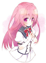 Rule 34 | 1girl, blush, kanadome miyako, long hair, looking at viewer, meito (maze), no legs, pink eyes, pink hair, pure girl, school uniform, sketch, solo, twintails, two side up, white background