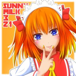 Rule 34 | 1girl, blue eyes, character name, dated, fingernails, fingers to mouth, headdress, heart, heart-shaped pupils, lips, looking at viewer, mougi (soultaker6417), nail polish, orange background, orange hair, short hair, simple background, smile, solo, sunny milk, symbol-shaped pupils, touhou, twintails, upper body, v