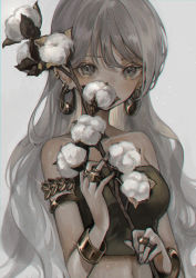 Rule 34 | 1girl, armlet, bare shoulders, blush, bracelet, breasts, commentary request, cotton boll, covered mouth, earrings, flower, grey background, grey eyes, grey hair, hair between eyes, hands up, highres, holding, holding flower, jewelry, long hair, looking at viewer, marutani, navel, original, piercing, ring, simple background, small breasts, solo, strapless, tube top, upper body
