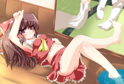 1girl alfred_(artist) ass brown_hair female_focus hakurei_reimu japanese_clothes legs long_hair miko navel purple_eyes skirt solo thighhighs touhou water