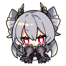 Rule 34 | 1girl, chibi, commentary, covered mouth, drill hair, earrings, english commentary, gauntlets, grey hair, hair between eyes, honkai (series), honkai impact 3rd, jewelry, looking at viewer, official art, prometheus (honkai impact), red eyes, solo, upper body, weapon