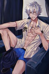 Rule 34 | 1boy, abs, aohitsugi samatoki, boxer briefs, earrings, highres, hypnosis mic, jewelry, male underwear, necklace, open clothes, open shirt, partially undressed, piercing, red eyes, sitting, underwear, white hair