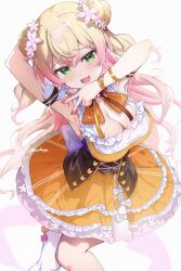 Rule 34 | 1girl, :3, arm behind head, arm up, armpits, artist name, blonde hair, blush, breasts, cleavage, commentary, double bun, dress, fang, flower, frilled dress, frills, gradient hair, green eyes, hair between eyes, hair bun, hair flower, hair ornament, highres, hololive, large breasts, laudayon, looking at viewer, momosuzu nene, momosuzu nene (1st costume), multicolored hair, open mouth, orange dress, pink hair, simple background, single thighhigh, skin fang, sleeveless, sleeveless dress, smug, solo, spread armpit, symbol-only commentary, thighhighs, two-tone hair, virtual youtuber, white background, white thighhighs