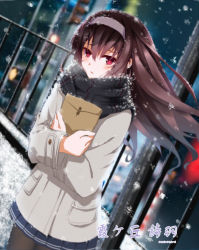 Rule 34 | 1girl, artist name, black hair, black pantyhose, blue skirt, blurry, blurry background, character name, coat, cowboy shot, crossed arms, dutch angle, enpera, envelope, evening, grey coat, hairband, highres, holding, hugging object, kasumigaoka utaha, long hair, looking at viewer, outdoors, pantyhose, parted lips, pleated skirt, qingchen (694757286), railing, red eyes, saenai heroine no sodatekata, scarf, skirt, snowflakes, snowing, solo, striped clothes, striped scarf, translated, winter, winter clothes, winter coat