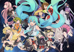 Rule 34 | 3boys, 6+girls, ahoge, anime coloring, arm up, arm warmers, bare shoulders, black legwear, blonde hair, blue eyes, blue hair, boots, braid, brother and sister, brown eyes, brown hair, choker, coat, crop top, detached sleeves, dress, elbow gloves, gloves, goggles, goggles on head, gothic lolita, green eyes, green hair, gumi, hair ornament, hair ribbon, hairclip, hatsune miku, headphones, headset, hechima (issindotai), ia (vocaloid), japanese clothes, kagamine len, kagamine rin, kaito (vocaloid), kamui gakupo, leg warmers, lolita fashion, long hair, looking at viewer, mayu (vocaloid), megurine luka, meiko (vocaloid), multicolored clothes, multicolored scarf, multiple boys, multiple girls, necktie, off shoulder, open mouth, piano print, pink hair, ponytail, purple hair, ribbon, sailor collar, scarf, shirt, short hair, shorts, siblings, skirt, sky, sleeveless, sleeveless shirt, smile, star (sky), starry sky, stuffed animal, stuffed rabbit, stuffed toy, sword, thigh boots, thighhighs, twin braids, twins, twintails, usano mimi, very long hair, vocaloid, weapon, wide sleeves, yellow eyes, zettai ryouiki