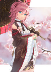 Rule 34 | 1girl, absurdres, animal ears, blue eyes, blush, bracelet, commentary, commentary request, detached sleeves, eyebrows, frills, gloves, hair between eyes, hair ornament, highres, honkai (series), honkai impact 3rd, huge filesize, japanese clothes, jewelry, looking at viewer, oil-paper umbrella, pink hair, smile, umbrella, yae sakura, zhourues