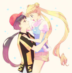 Rule 34 | 1990s (style), 1boy, 2girls, :d, alternate costume, bad id, bad pixiv id, baseball cap, belt, belt pouch, bishoujo senshi sailor moon, bishoujo senshi sailor moon sailor stars, black hair, blonde hair, casual, couple, crescent, crescent earrings, crossdressing, double bun, drill hair, earrings, from side, hair bun, hand on another&#039;s shoulder, happy, hat, holding, hug, jewelry, long hair, looking at another, low ponytail, multiple girls, open mouth, ponytail, pouch, profile, puffy short sleeves, puffy sleeves, retro artstyle, reverse trap, sami (3a3i3a3i), seiya kou, shirt, short shorts, short sleeves, shorts, side slit, simple background, smile, star (symbol), striped clothes, striped shirt, t-shirt, tsukino usagi, turtleneck, twintails, vertical stripes, very long hair, white background, yuri