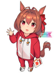 Rule 34 | 1girl, aged down, animal ears, banned artist, blush, box, brown hair, collarbone, daiwa scarlet (umamusume), dated, fang, full body, gift, gift box, hair between eyes, hair intakes, heart, holding, holding gift, hood, hooded jacket, horse ears, horse girl, horse tail, jacket, long sleeves, nacht (nacht 01), open mouth, pants, red eyes, red pants, short hair, simple background, skin fang, slippers, solo, tail, twitter username, umamusume, white background
