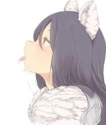 Rule 34 | 1girl, animal ears, black hair, blush, commentary request, cum, cum in mouth, cum on tongue, facial, kohaku q, long hair, open mouth, princess connect!, profile, shiori (princess connect!), simple background, solo, tongue, tongue out, upper body, white background, yellow eyes