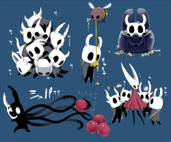 Rule 34 | apple, arizuka (catacombe), bee, blue background, bug, cherry, commentary request, flower, food, fruit, highres, hollow knight, honey, hornet (hollow knight), insect, knight (hollow knight), looking at viewer, lying on another, money, multiple views, pectorals, shadow, simple background, sword, weapon, white flower