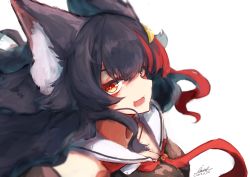 Rule 34 | 1girl, animal ear fluff, animal ears, black hair, black shirt, breasts, cleavage, dated, flipped hair, fox ears, from side, hair ornament, hairclip, highres, hololive, inre kemomimi, large breasts, long hair, looking at viewer, multicolored hair, neckerchief, ookami mio, ookami mio (1st costume), open mouth, orange eyes, red hair, red neckerchief, sailor collar, sailor shirt, shirt, sidelocks, sideways glance, signature, simple background, sleeveless, smile, solo, streaked hair, upper body, very long hair, virtual youtuber, white background, wolf ears