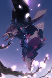 Rule 34 | 1girl, black kimono, bob cut, breasts, echo (circa), eyeliner, fangs, fate/grand order, fate (series), floral print, headpiece, horn ornament, horn ring, horns, japanese clothes, kimono, long sleeves, looking at viewer, lostroom outfit (fate), makeup, night, night sky, obi, oni, open mouth, purple eyes, purple hair, sandals, sash, short hair, shuten douji (fate), shuten douji (lostroom outfit) (fate), skin-covered horns, sky, small breasts, smile, solo, wide sleeves