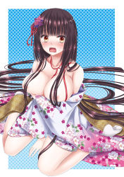 Rule 34 | 1girl, black hair, blush, breast hold, breasts, brown eyes, embarrassed, floral print, hair ornament, hair over breasts, hime cut, hiroharu, itsumoto hiroharu, japanese clothes, kimono, large breasts, long hair, nipples, open mouth, original, scared, sitting, solo, tabi, tears, very long hair, wariza, white legwear