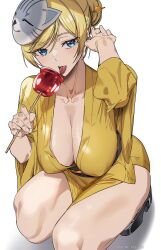 Rule 34 | 1girl, alternate breast size, ashiomi masato, blonde hair, blue eyes, breasts, candy apple, cat mask, cleavage, collarbone, food, guilty gear, guilty gear strive, highres, japanese clothes, kimono, large breasts, mask, mask on head, millia rage, solo, squatting, tongue, tongue out