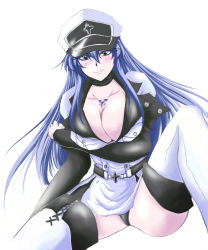 Rule 34 | 1girl, absurdres, akame ga kill!, black panties, blue eyes, blue hair, blush, boots, breast hold, breasts, choker, cleavage, dress, esdeath, hat, highres, large breasts, long hair, military, military uniform, nsxrx7rx8, panties, peaked cap, sitting, solo, thigh boots, thighhighs, thighs, underwear, uniform, very long hair