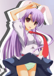 Rule 34 | 1girl, animal ears, bad id, bad pixiv id, belt, breasts, dress shirt, female focus, highres, impossible clothes, impossible shirt, long hair, nama gusa, necktie, panties, pantyshot, purple hair, rabbit ears, reisen udongein inaba, shirt, skirt, solo, striped clothes, striped panties, touhou, underwear