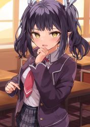 Rule 34 | 1girl, absurdres, ahoge, black hair, black jacket, blazer, blush, breasts, chair, collared shirt, commentary request, desk, grey ribbon, grey skirt, hair ribbon, highres, indoors, jacket, long sleeves, looking at viewer, necktie, open clothes, open jacket, open mouth, original, plaid, plaid skirt, pleated skirt, pointy ears, racchi., red necktie, ribbon, school chair, school desk, school uniform, shirt, skirt, small breasts, solo, sweat, twintails, white shirt, yellow eyes