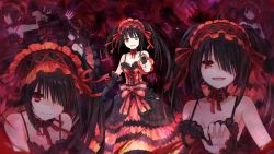 Rule 34 | 10s, 1girl, bare shoulders, black hair, breasts, cleavage, clock eyes, date a live, dress, game cg, gun, hairband, heterochromia, lolita fashion, lolita hairband, long hair, looking at viewer, md5 mismatch, medium breasts, multiple persona, open mouth, pointing, pointing at viewer, red eyes, ribbon, silhouette, smile, symbol-shaped pupils, tokisaki kurumi, tsunako, twintails, weapon, yellow eyes