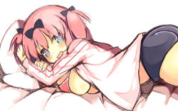 Rule 34 | + +, 10s, 1girl, :d, ass, bed sheet, bikini, bikini top only, black bow, black buruma, blush, bow, breasts, buruma, hair between eyes, hair bow, hibari (senran kagura), jacket, kurasuke, large breasts, long sleeves, looking at viewer, looking to the side, lying, on stomach, open clothes, open jacket, open mouth, pillow, pink bikini, pink hair, pink jacket, senran kagura, smile, solo, swimsuit, track jacket, twintails, white background